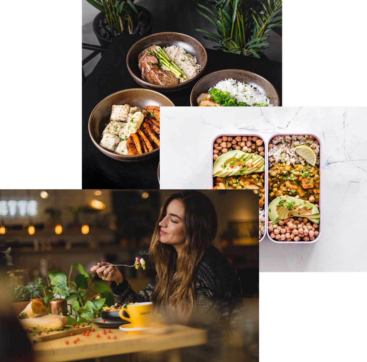 Woman enjoying food, meals in storage container, food bowls on the table